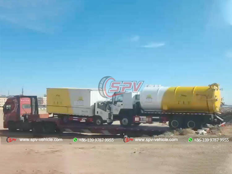 1 Unit Sewage Collection Truck & 1 Unit Wing Van Truck Loaded onto Flatbed truck to Mongolia